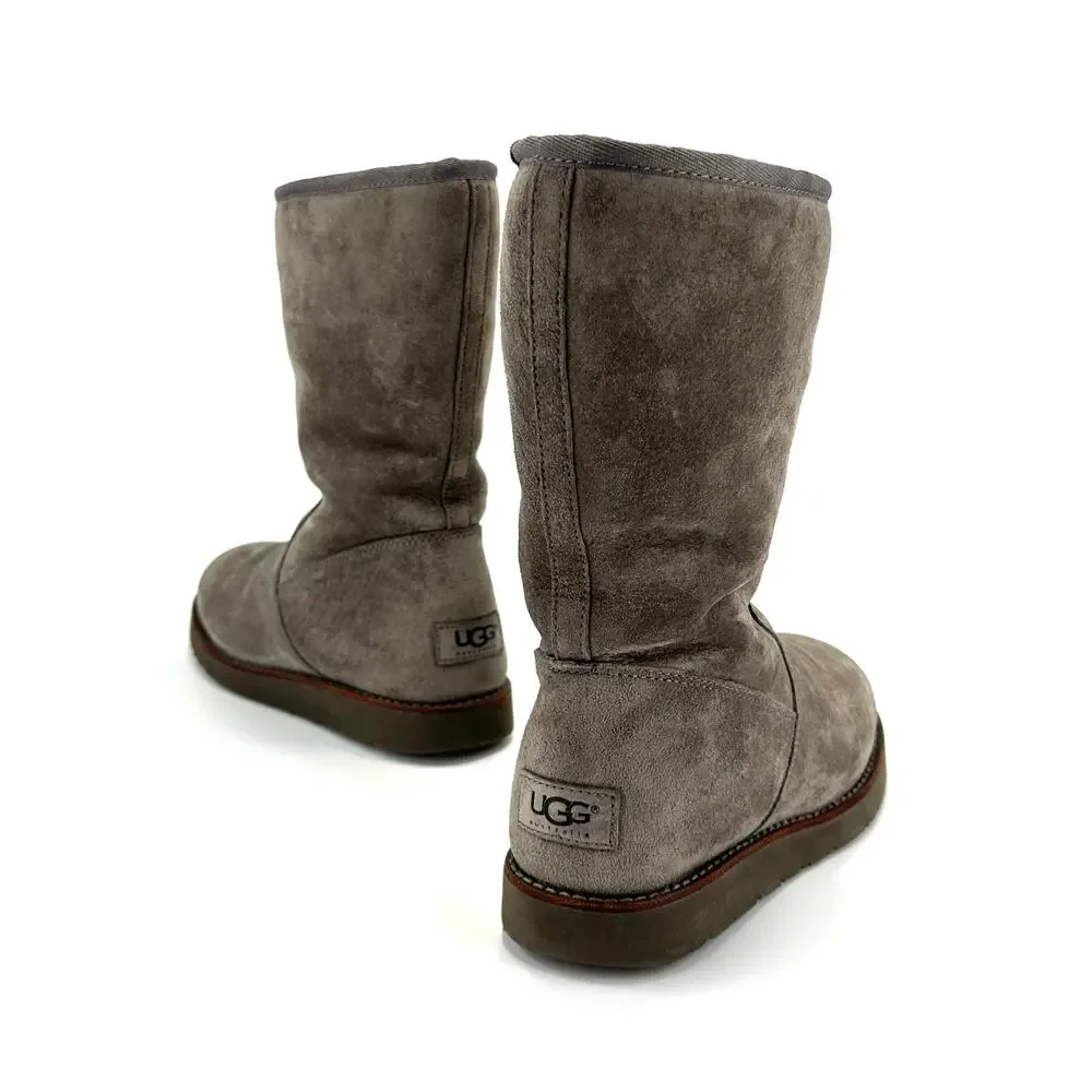 UGG Australia Gray Short Winter Boot Sz 6 Suede Wool Cold Weather Flat Mid-Calf